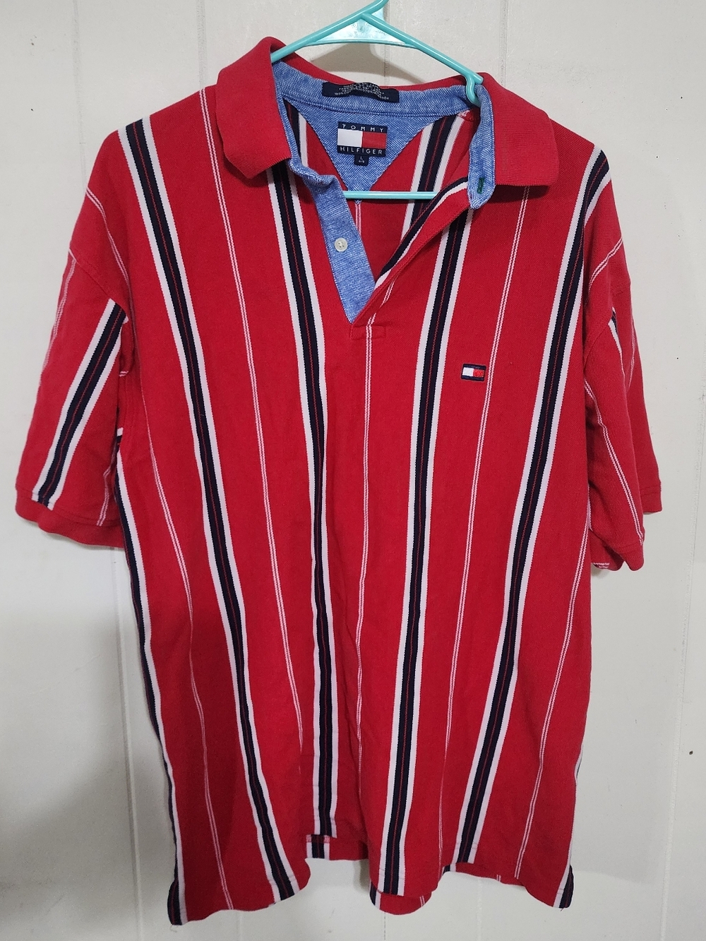 Vintage 90s Tommy Hilfiger Striped Red Polo Size Large Mens Collared Shirt